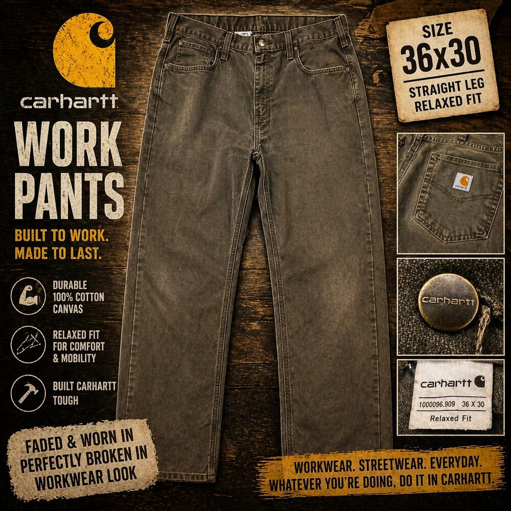 Carhartt 36x30 Work Pants Brown Olive Canvas Straight Leg Utility